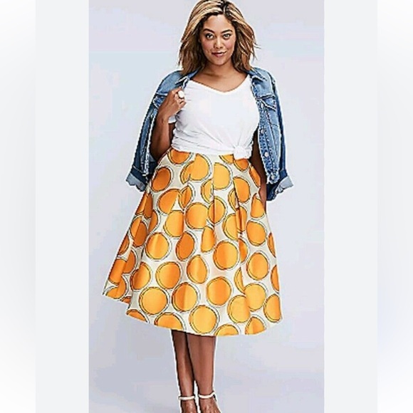 Lane Bryant Abstract Orange Cream Pleated Circle Skirt Pockets Women's Plus 18 - Picture 1 of 15